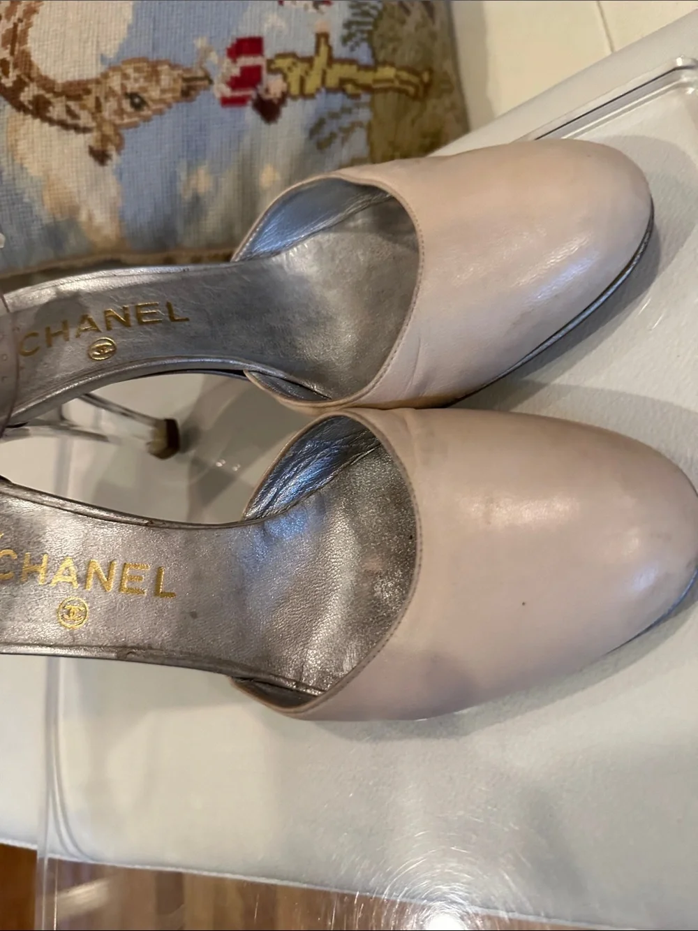 CHANEL Beige Leather Pumps with Clear Ankle Strap